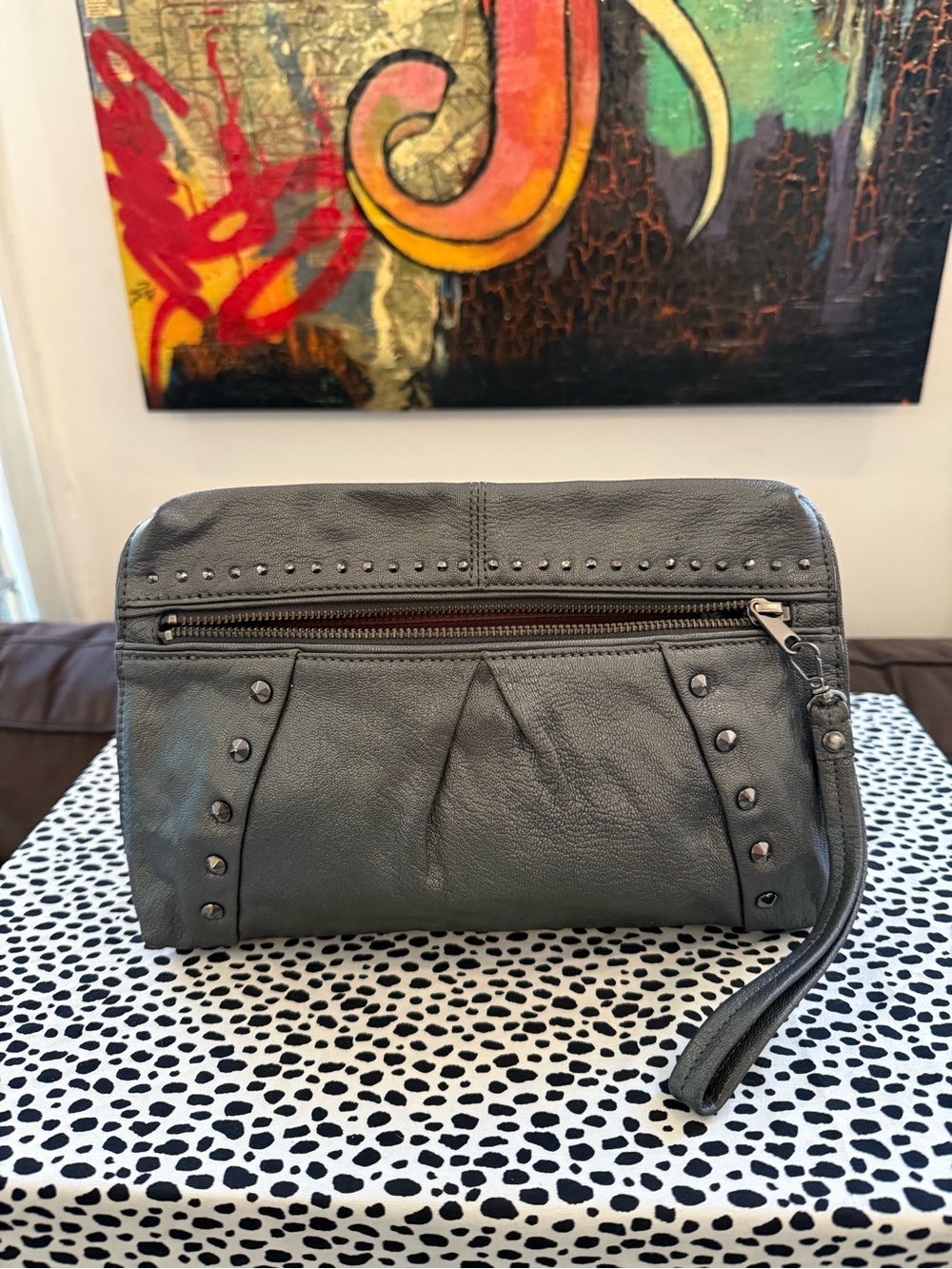 Banana Republic Gray Leather Studded Wristlet Clutch